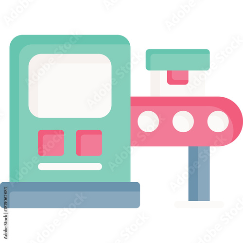 Modern Factory Conveyor Belt System with Automated Machine in Teal Green and Pink Colors Simple Flat Design Isolated on Transparent Background