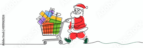 Santa Claus pushing shopping cart full of Christmas gifts, Santa shopping single line art with color accents