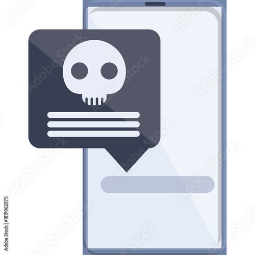 Mobile Phone Displaying Skull Icon Alert Symbol on Dark Speech Bubble Notification with Subtle Digital Glitch Effect on White Background