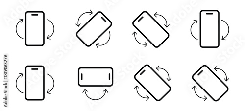 Rotate phone icon collection showing smartphone rotation, device rotation signs, and line vector illustrations, suitable for app interfaces, mobile technology graphics, and digital design