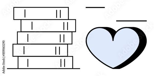 Stack of books next to a heart in minimalist design. Ideal for education, learning, creativity, passion, reading, self-improvement, and inspiration themes. Clean and simple flat metaphor