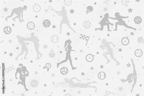Pattern, seamless texture, athletes, various Olympic sports, vector graphics. Gray background