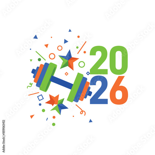 Happy new year 2026 illustration with dumbbell and confetti