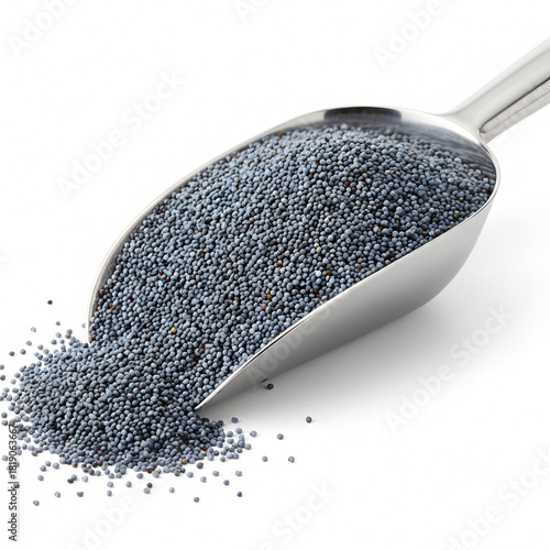 Scoop of Blue Poppy Seeds Macro Texture Isolated on White