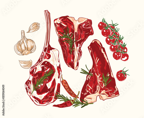 T-Bone and Tomahawk Raw Beef with Spices Illustration