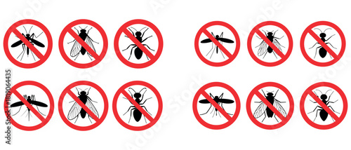 Insect control warning signs with pest prohibition symbols illustration
