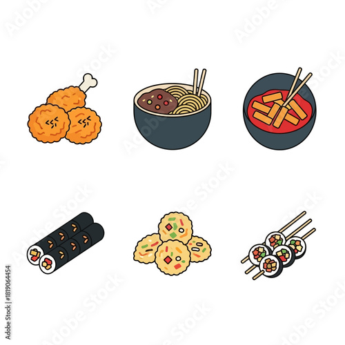 A Delightful Assortment of Traditional and Popular Korean Cuisine Icons, Featuring Diverse Street Foods and Savory Dishes