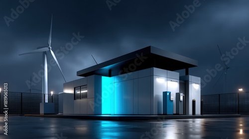 Wind turbine near modern hydrogen plant building at night with dark sky and blue light