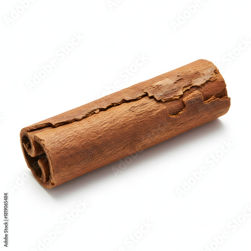 Single Cinnamon Cassia Stick Bark Texture Isolated on White Background