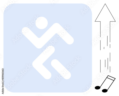 Dynamic figure in motion with upward arrow and notes representing energy, progress, growth, and creativity. Ideal for sports, fitness, motivation, inspiration, success self-improvement simple flat