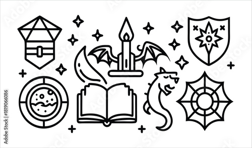 Fantasy game icons including dice potion book candle shield and monster