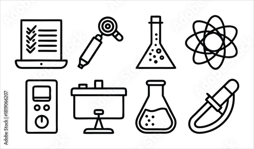 Collection of science and laboratory equipment icons in a clean line art style