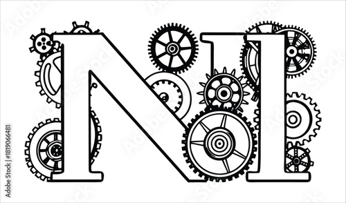 Steampunk letter n and i composed of gears and cogs