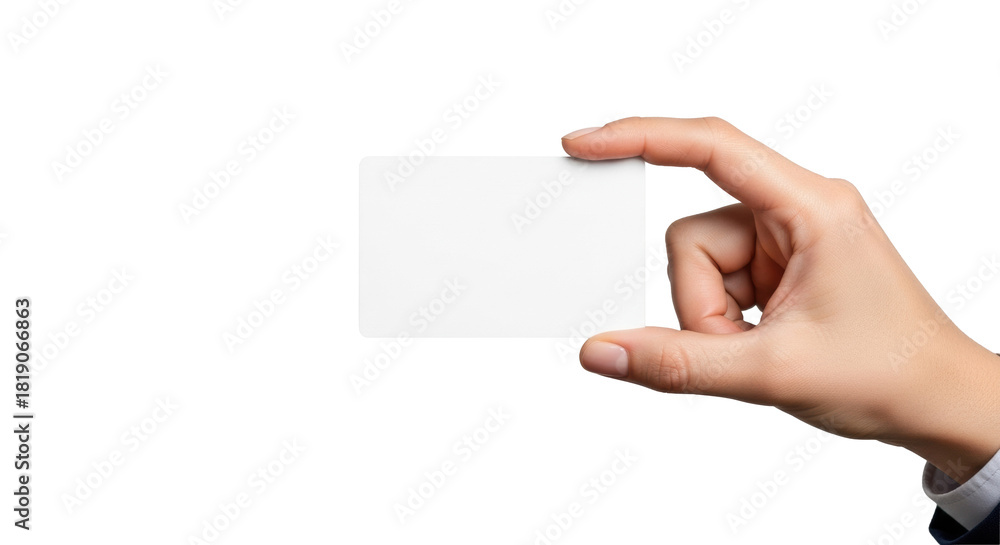 Obraz premium Light-skinned hand in neutral sleeve elegantly holds a pristine blank white matte card on a plain light grey studio background with soft uniform lighting, copy space for custom content concept of