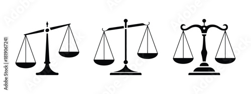 Scales icons featuring justice scales, weight scales, and vector illustrations, perfect for legal graphics, balance concepts
