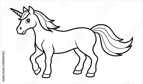 Simple outline drawing of a majestic unicorn standing gracefully