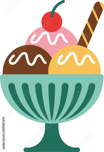 Delicious ice cream sundae with cherry and chocolate stick vector illustration art