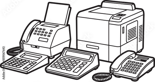 Black and white illustration of office equipment including fax machine calculator and telephones