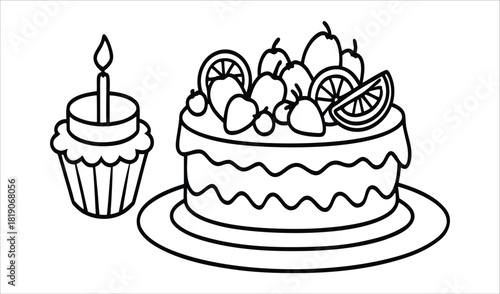 Black and white line drawing of a birthday cake and cupcake with fruit