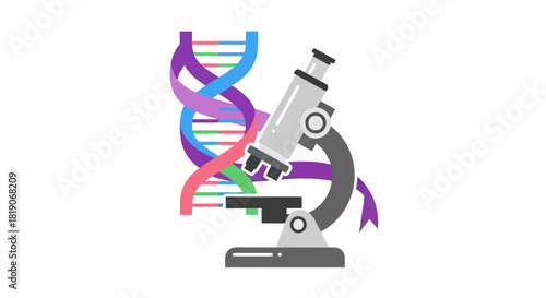 Microscope and colorful dna double helix structure isolated on