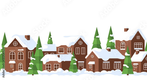 Cozy winter village scene with snow covered house and tree