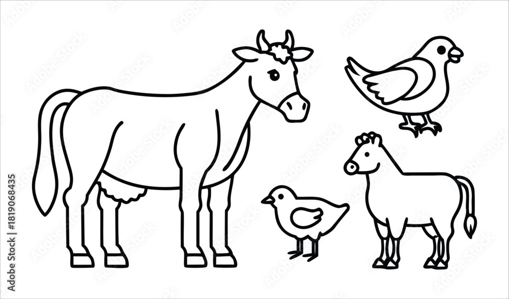 Fototapeta premium Simple line drawing of farm animals including cow chicken and horse