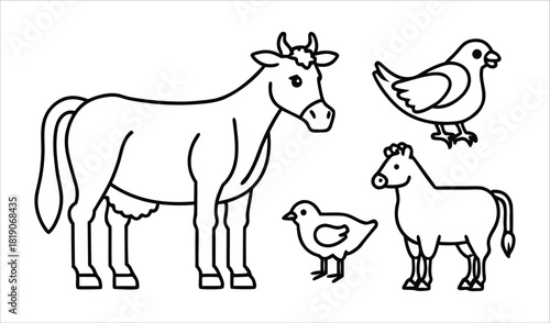 Simple line drawing of farm animals including cow chicken and horse