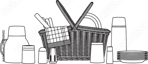 Black and white line art picnic basket with thermoses cups and plates illustration vector