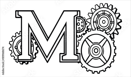Steampunk letter m with gears and cogs