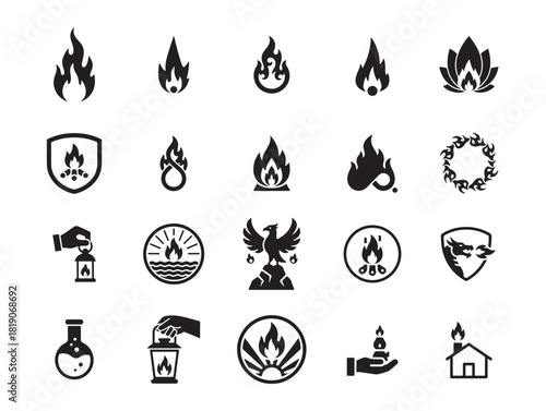 Versatile black and white fire and flame icon set. A collection of modern, clean vector illustrations featuring various depictions of heat, combustion, protection, and mystical fire symbols