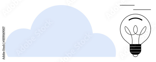 Blue cloud symbol beside minimalistic light bulb sketch illustrating technology, innovation, brainstorming, cloud storage, digital solutions, creativity, and sustainability. Simple flat metaphor