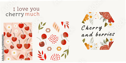 Cherry and berry themed graphic designs with floral elements and playful text