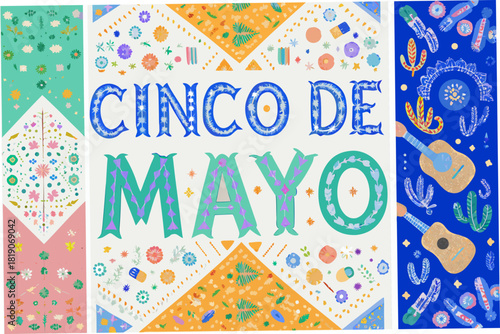 Festive cinco de mayo illustration with flowers guitars and vibrant colors