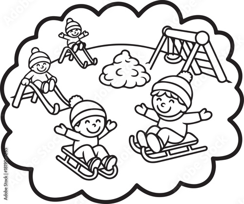 Children enjoy sledding in snow outdoor cartoon vector illustration