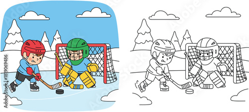 Coloring book page or coloring picture for kids of boys playing ice hockey winter sport. Vector cartoon illustration with colored reference and black and white outline for children activity.
