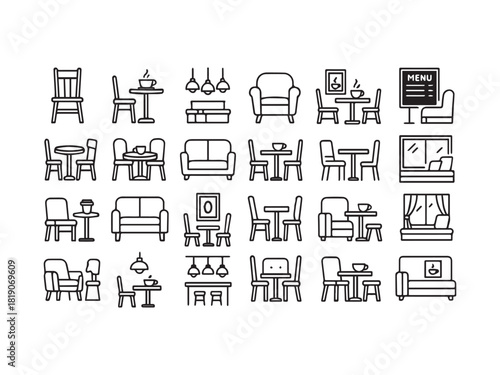 Restaurant Kitchen and Food Service Line Icons Set - Chef Utensils and Commercial Equipment Vector