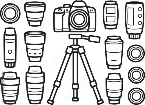 Black and white vector illustration of camera lenses and tripod photography equipment