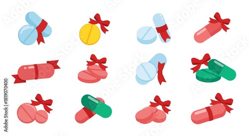 Collection of colorful pills and capsules tied with red ribbon isolated on