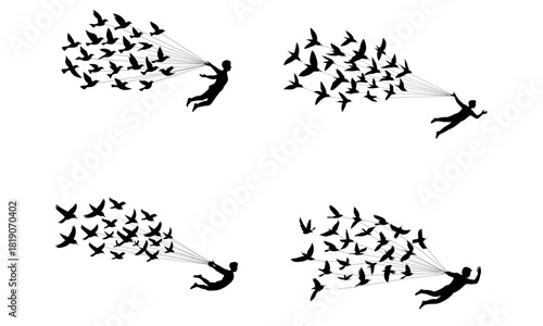 Man flying with flock of birds in surreal freedom concept illustration
