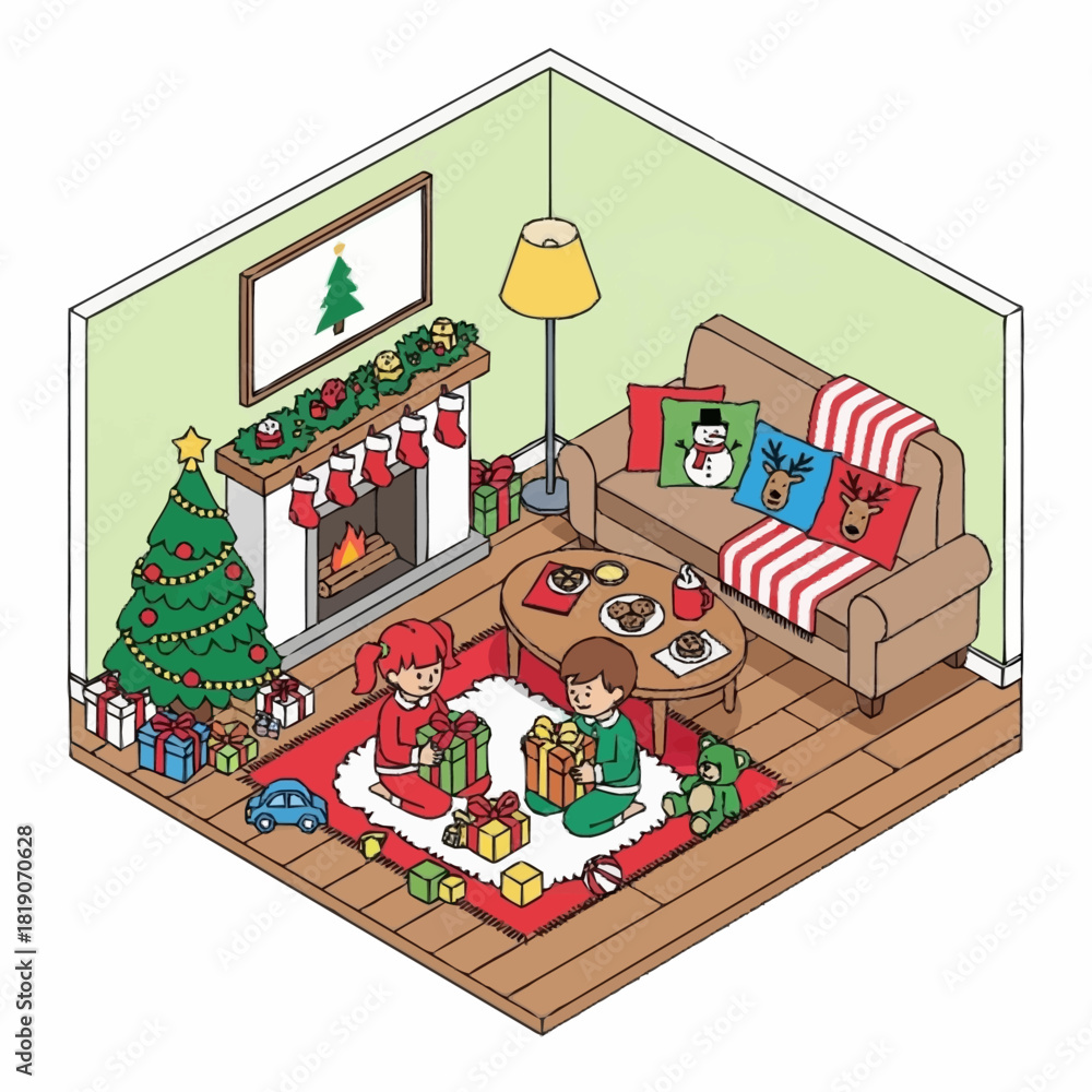 Obraz premium Children Opening Christmas Presents in Cozy Living Room.