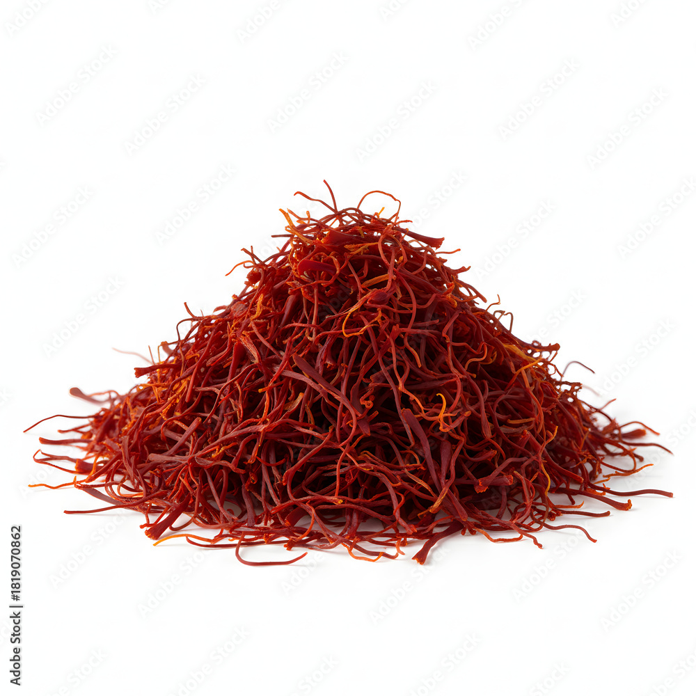 Fototapeta premium Saffron Strands Kesar Pile Macro Luxury Spice Isolated on White