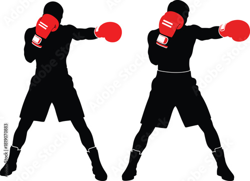 Two boxers in silhouette throwing punches with red gloves silhouette