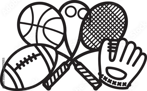 Black and white vector illustration of sports equipment arranged together basketball american football