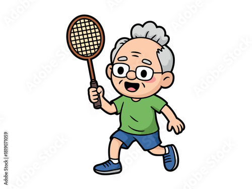 An elderly gentleman with gray hair and glasses enthusiastically plays badminton, holding a racket in a dynamic pose.