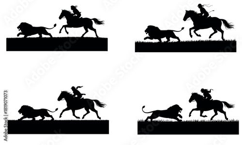 Horse and lion silhouette scene showing dynamic wildlife chase illustration
