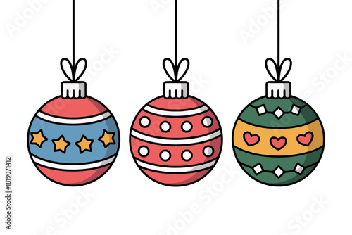 Three decorative Christmas ornaments with festive patterns hang from strings against a white background.