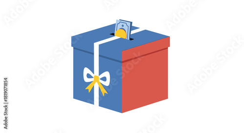Donation box with money slot and gift ribbon isolated on