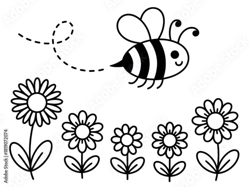 A whimsical illustration of a friendly bee flying over a row of simple daisy-like flowers, with a dotted trail indicating its path.