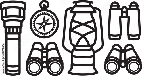 Black outline illustrations of camping and exploration gear on white background flashlight compass