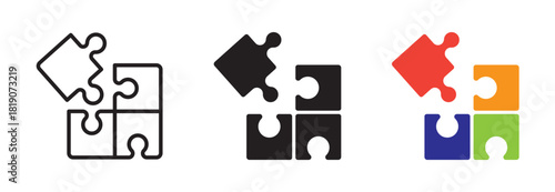 Puzzle icon set. Coherence, connection, teamwork concept. Jigsaw sign. Black and colorful symbol. Isolated on a white background. Editable stroke. Vector illustration. Flat design.
